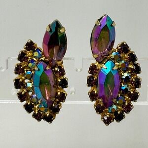 Peacock Aurora Borealis Earrings Vintage Clip On Gold Tone Marquise Rhinestone